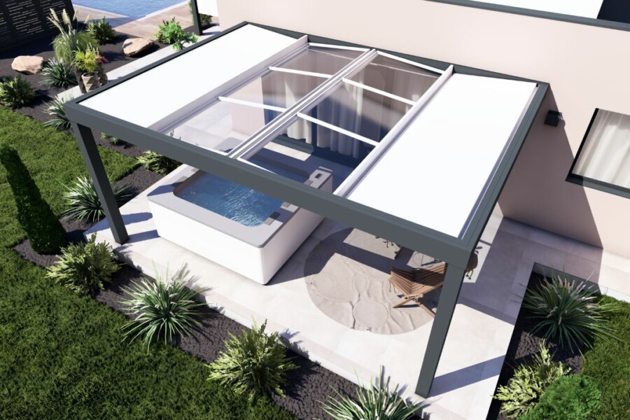 Pergola Vision 940 toiture mixte panneaux sandwich et vitrages