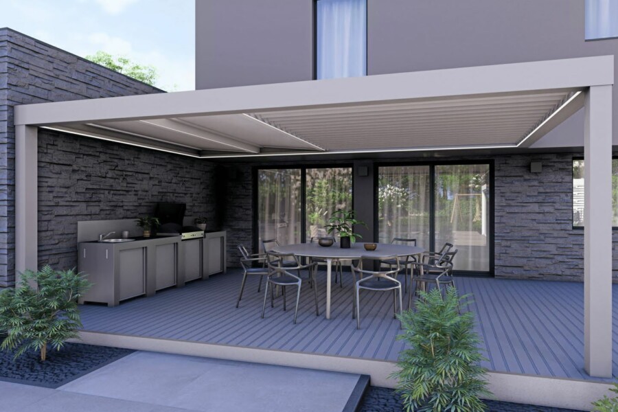 Pergola Vision 940 toiture mixte panneaux sandwich et lames orientables